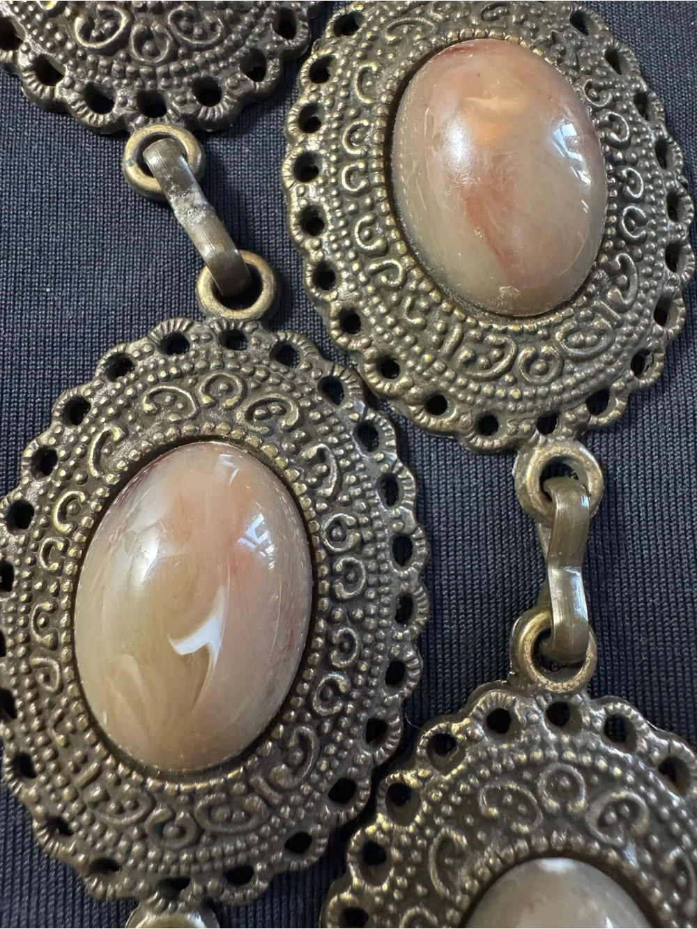 Large Brass Boho Statement Necklace - Marbled Cabochon Medallions